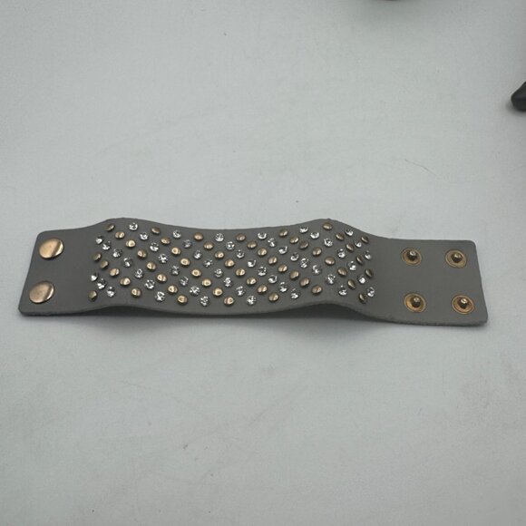 Wide Cuff Bracelet Rivet Crystal Studded Gray Snap Closure Statement Jewelry - Picture 4 of 5